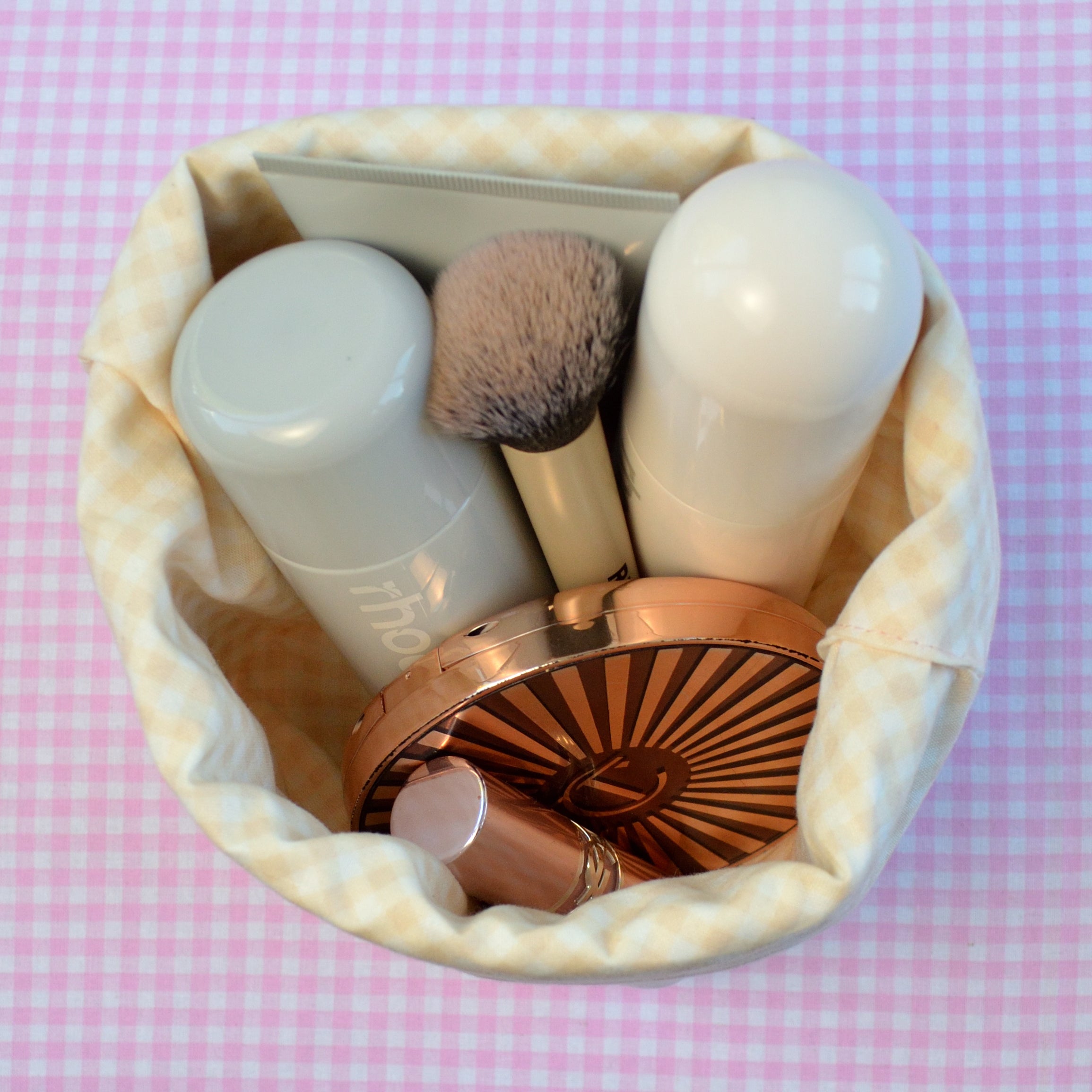 Tulip Pattern Fabric Basket with Peach Gingham
