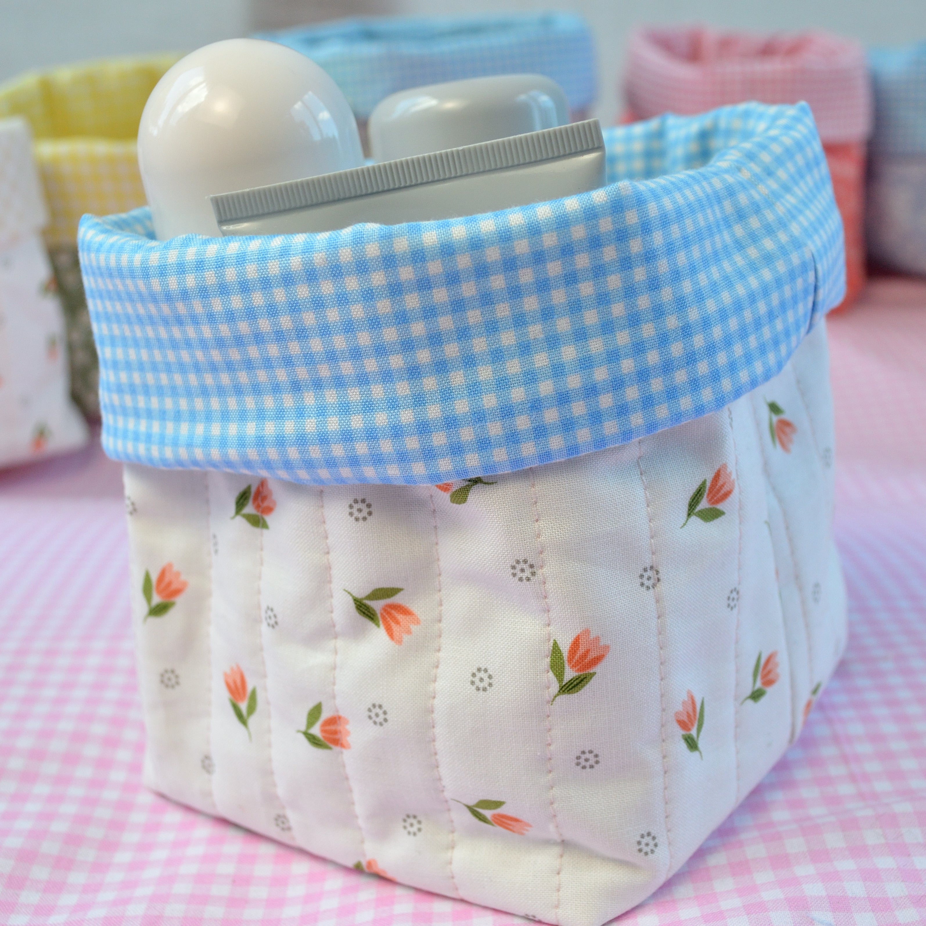 Tulip patterned Handmade Fabric Basket with Blue Gingham