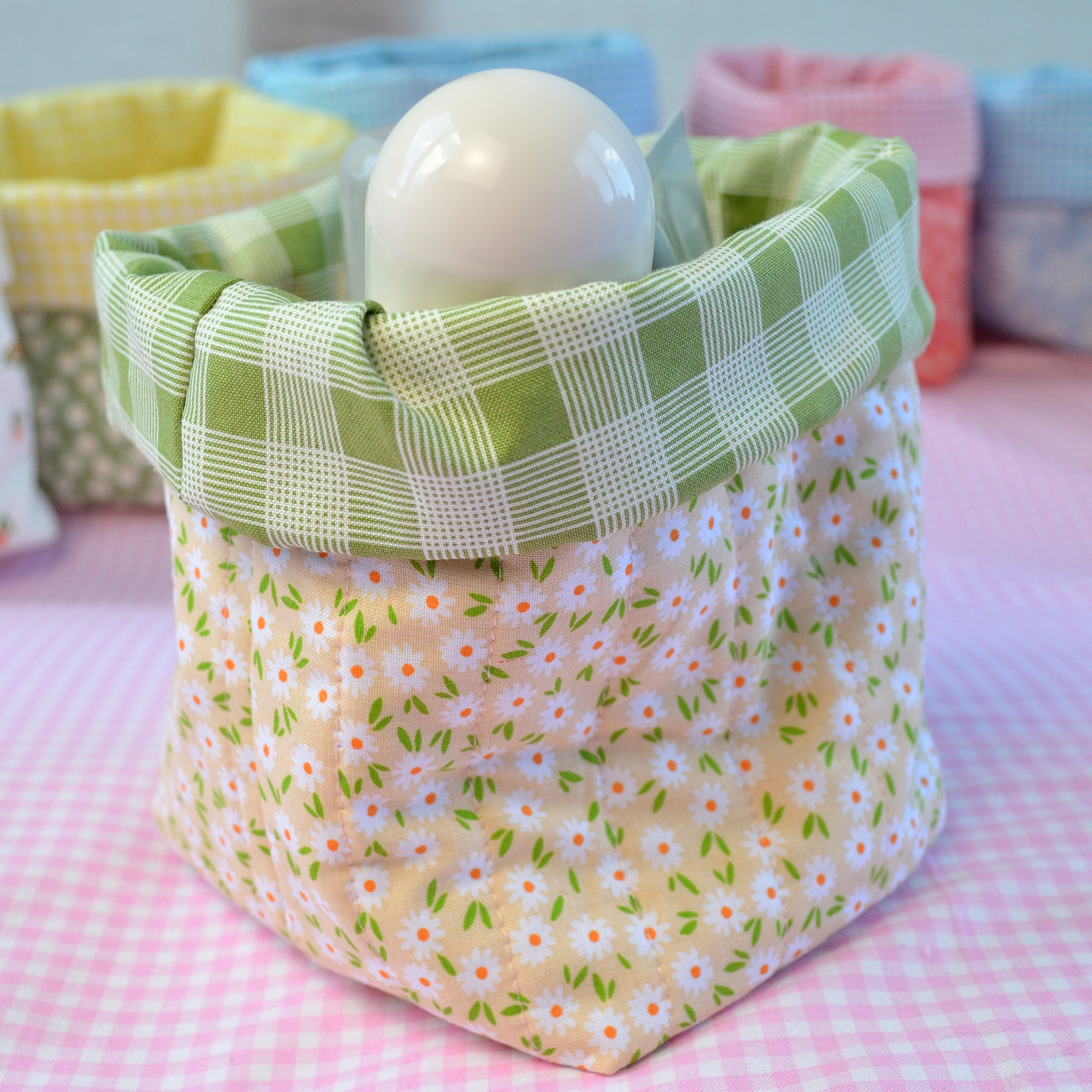 Yellow Daisy Fabric Basket with Green Checkers