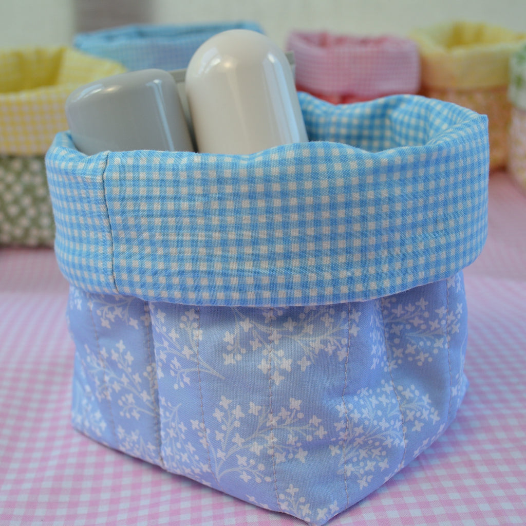 Blue Floral Fabric Basket with Blue Gingham