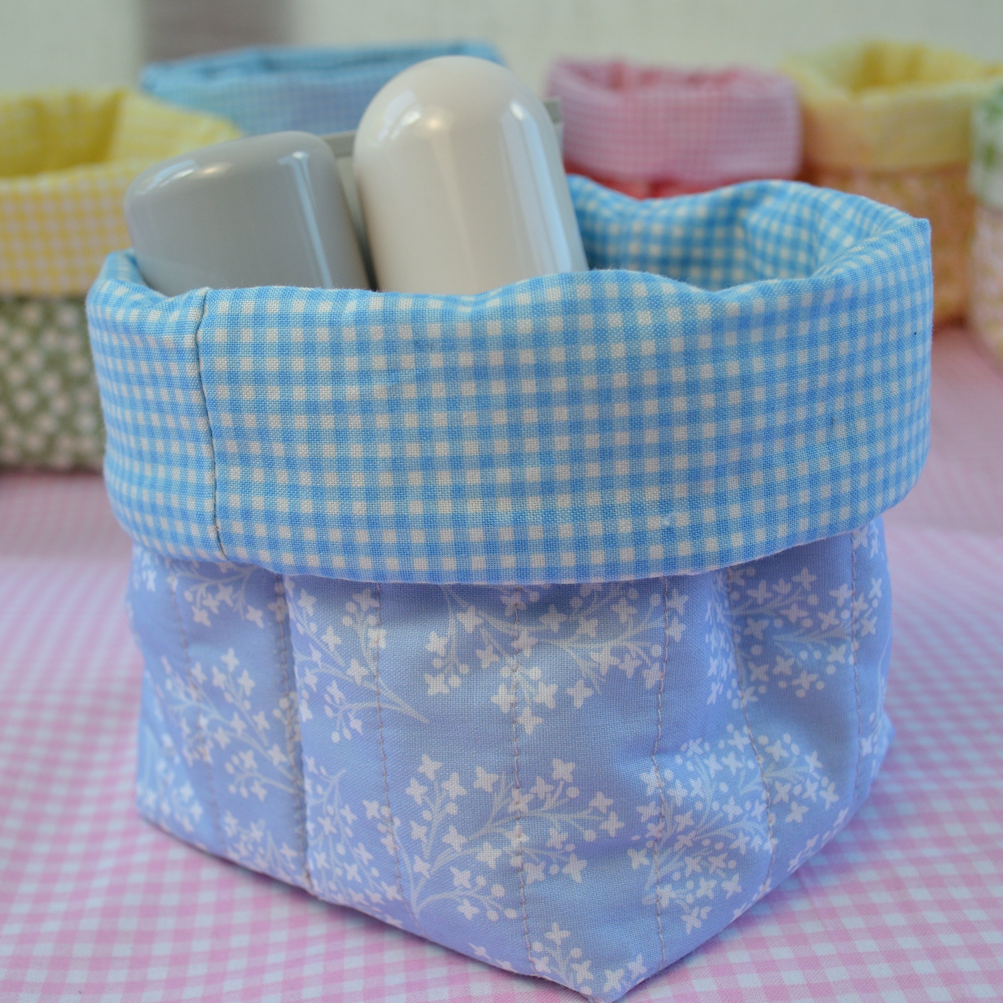 Blue Floral Fabric Basket with Blue Gingham