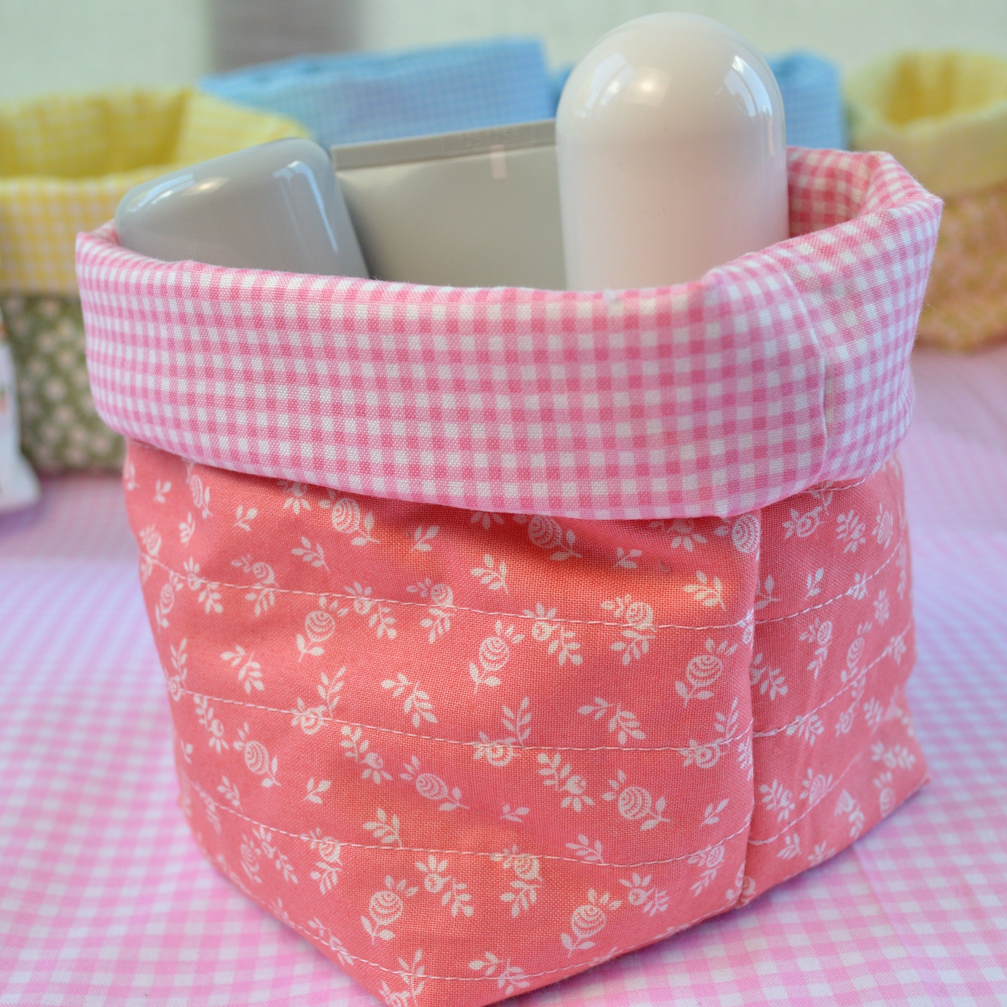 Pink Floral Fabric Basket with Pink Gingham