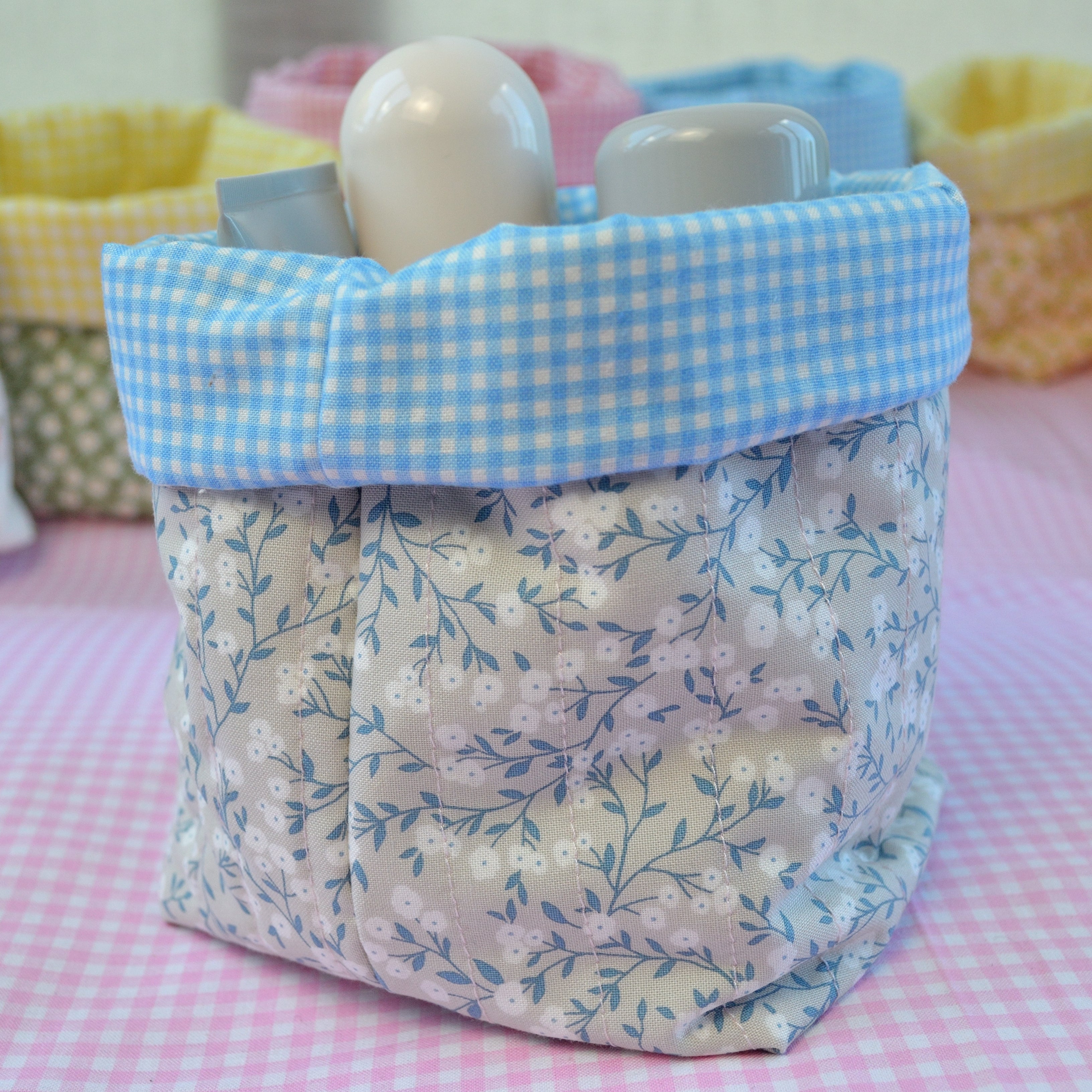 Grey & Blue Floral Fabric Basket with Blue Gingham